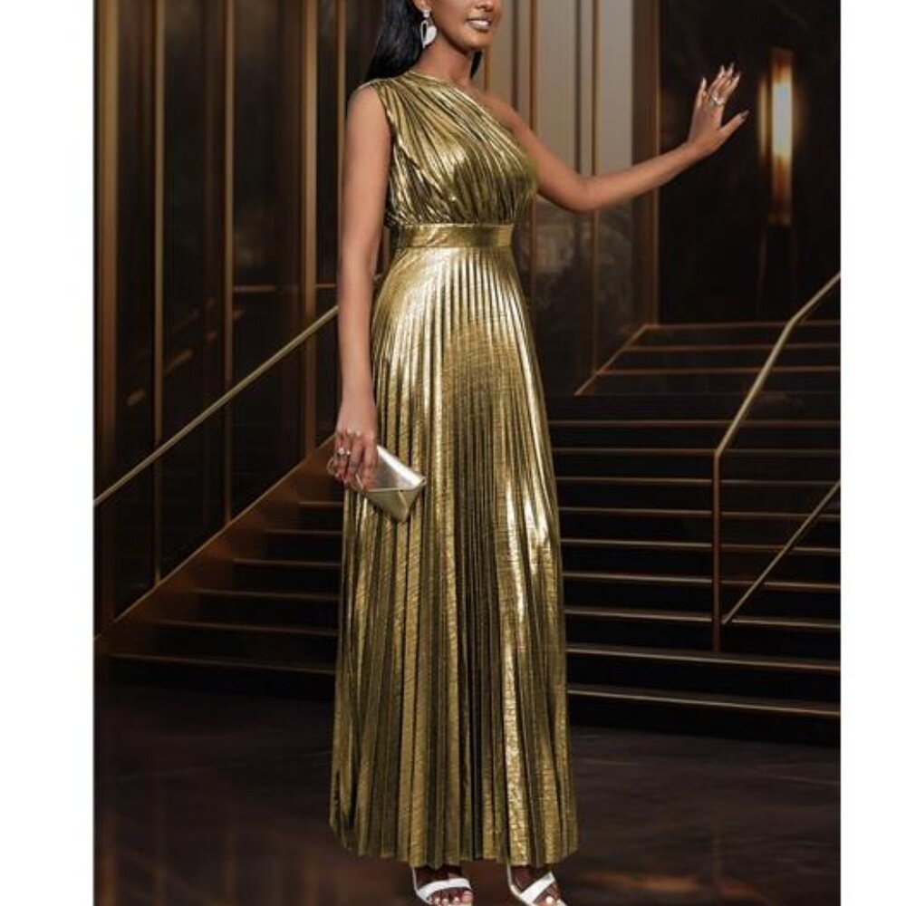 99- Elegant Shiny Gold Asymmetrical Neck Maxi Party Dress Pleated - Picture 3 of 9
